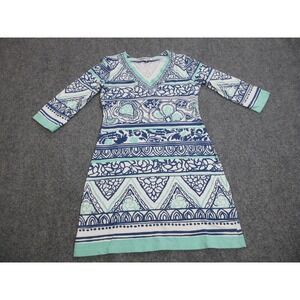 Barbara Gerwit Dress Womens Medium Blue Geometric V Neck Casual Resort STretch‎